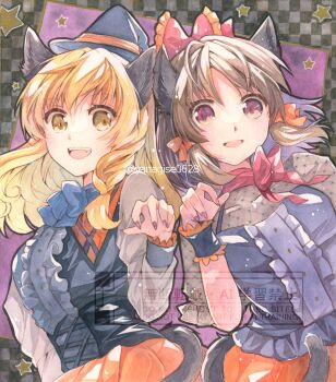 2girls alternate_costume animal_ears black_shirt blonde_hair blush bow brown_hair cat_ears cat_girl cat_tail claw_pose commentary_request frilled_bow frills hair_bow hakurei_reimu halloween halloween_costume hat kirisame_marisa long_hair long_sleeves looking_at_viewer multiple_girls open_mouth orange_skirt painting_(medium) red_nails shirt short_sleeves skirt smile star_(symbol) tail touhou traditional_media twitter_username watercolor_(medium) watermark witch_hat wrist_cuffs yanagise yellow_eyes