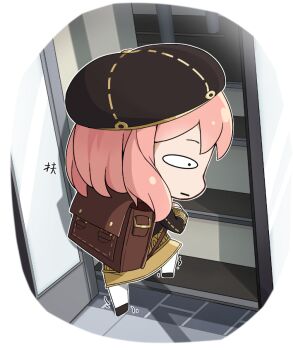 Rule 34 | 1girl, anya (spy x family), backpack, bag, black dress, black hat, chibi, chibi only, chinese commentary, commentary request, constricted pupils, dress, eden academy school uniform, from behind, full body, haihara yuuya, hat, open door, pink hair, randoseru, school uniform, solo, spy x family, stairs
