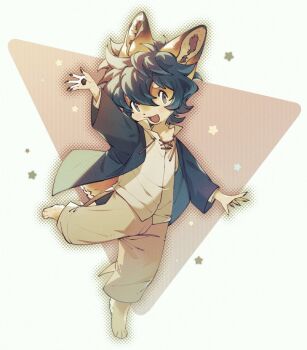 1boy animal_feet arm_up black_eyes black_hair black_jacket body_fur brown_background claws commentary digitigrade fang fuji_166 full_body furry furry_male jacket looking_at_viewer male_focus orange_fur original short_hair solo standing standing_on_one_leg symbol-only_commentary tail
