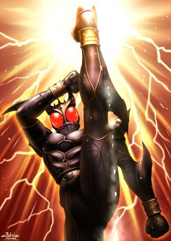 Rule 34 | 1boy, 2018, alternate form, armor, axe kick, black armor, black footwear, boots, clenched hands, compound eyes, copyright name, dated, rider belt, glowing, glowing eyes, highres, kamen rider, kamen rider kuuga, kamen rider kuuga (series), kamen rider kuuga (ultimate form), kicking, lightning, male focus, red eyes, rider belt, shoulder armor, spiked gauntlets, split, standing, standing on one leg, standing split, taikyoku tsurugi, tokusatsu