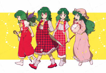 4girls :d ankle_socks ascot baggy_pants bobby_socks capelet chain clock closed_mouth dress floating frilled_dress frilled_nightgown frills full_body green_eyes green_hair hair_over_one_eye hat holding holding_clock holding_rod holding_umbrella kazami_yuuka kazami_yuuka_(seihou) kinosaki kioh_gyoku long_hair long_sleeves lotus_land_story medium_hair multiple_girls mystic_square nightcap nightgown open_mouth oversized_object pants phantasmagoria_of_flower_view pink_capelet pink_dress pink_hat pink_nightgown plaid_clothes plaid_pants plaid_skirt plaid_vest pocket_watch pom_pom_(clothes) puffy_pants puffy_short_sleeves puffy_sleeves red_eyes red_pants rod seihou short_sleeves skirt smile socks standing touhou touhou_(pc-98) umbrella very_long_hair vest walking watch wavy_hair white_socks wings yellow_ascot