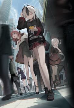 4girls absurdres aru_(blue_archive) black_hair black_hoodie black_horns black_skirt blue_archive blue_sky blurry building city commentary_request depth_of_field earphones from_below full_body grey_hair grey_halo halo hand_up haruka_(blue_archive) highres holding holding_phone hood hoodie horns kayoko_(blue_archive) multiple_girls mutsuki_(blue_archive) one_eye_closed outdoors pencil_skirt people phone pink_hair problem_solver_68_(blue_archive) shirt skirt sky skyscraper walking white_shirt yunkkker