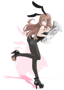 Rule 34 | 1girl, animal ear hairband, animal ears, ass, black bow, black bowtie, black leotard, black pantyhose, black shoes, blue eyes, bow, bowtie, brown hair, euphonium, fake animal ears, full body, hairband, hibike! euphonium, high heels, highres, holding, holding instrument, instrument, kin-1008, kuroe mayu, leotard, long hair, looking back, pantyhose, playboy bunny, rabbit ears, rabbit tail, shoes, simple background, solo, strapless, strapless leotard, tail, white background, wrist cuffs