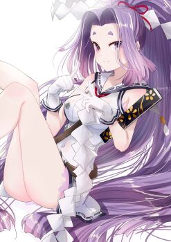 1girl commentary_request dress feet_out_of_frame folded_fan folding_fan gloves gohei hair_intakes hand_fan hatsuharu_(kancolle) hatsuharu_kai_ni_(kancolle) highres hikimayu kantai_collection kimura_shiki long_hair ponytail purple_eyes purple_hair sailor_collar sailor_dress shide short_eyebrows sitting sleeveless sleeveless_dress solo white_dress white_gloves white_sailor_collar