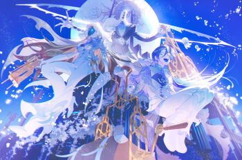 1girl 2others androgynous arm_support black_suit blue_eyes blue_hair blue_sky blue_tongue boat bubble coat colored_tongue commentary_request faceless fajyobore formal_clothes full_body gun highres holding holding_gun holding_weapon hole_in_head long_hair looking_at_viewer multiple_others open_mouth original outstretched_arms pants pinstripe_pattern pinstripe_suit planet sitting sky smile spread_arms suit watercraft waving weapon white_coat white_pants