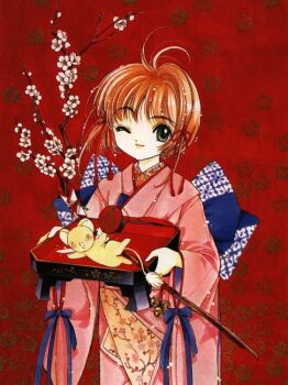 1990s_(style) 1girl cardcaptor_sakura cherry_blossoms clamp female_focus japanese_clothes kero_(cardcaptor_sakura) kimono kinomoto_sakura looking_at_viewer one_eye_closed retro_artstyle smile solo tray wink