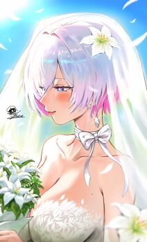 1girl alternate_costume artist_logo bare_shoulders blue_eyes blush bouquet breasts cleavage closed_mouth collarbone colored_inner_hair commentary english_commentary flower from_side goddess_of_victory:_nikke grey_hair hair_intakes highres holding holding_bouquet ice_bear large_breasts liliweiss_(nikke) logo multicolored_hair pink_hair purple_pupils short_hair smile solo star-shaped_pupils star_(symbol) symbol-shaped_pupils upper_body veil white_veil