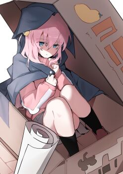1girl absurdres black_socks blue_eyes bocchi_the_rock! box cardboard_box carternanmen closed_mouth coat commentary convenient_leg cube_hair_ornament english_commentary expressionless full_body gotoh_hitori grey_coat grey_skirt hair_between_eyes hair_ornament hands_up highres in_box in_container jacket knees_up long_bangs long_sleeves miniskirt pink_hair pink_jacket simple_background sitting skirt socks solo track_jacket unworn_coat white_background