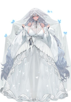 1girl absurdly_long_hair absurdres alternate_costume animal_ears artist_name azur_lane bare_shoulders blue_butterfly blue_eyes bow breasts bridal_veil bride bug butterfly choker cleavage closed_mouth dark-skinned_female dark_skin dishwasher1910 double-parted_bangs dress empire_waist facing_viewer floppy_ears fox_ears fox_girl full_body garter_straps gown grey_hair halter_dress halterneck hands_up highres insect large_breasts layered_dress long_hair long_sleeves long_veil looking_at_viewer looking_to_the_side mandarin_collar no_tail parted_lips see-through_clothes see-through_dress see-through_veil shawl shinano_(azur_lane) sideboob simple_background smile solo standing tan translucent veil very_long_hair w_arms waist_bow wedding_dress white_background white_bow white_choker white_garter_straps white_shawl