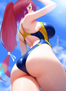 1girl ahoge arm_up armpits artist_name ass ass_focus back blue_one-piece_swimsuit blue_sky breasts competition_swimsuit cowboy_shot day dorachan_r from_below hair_ribbon highres i-168_(kancolle) kantai_collection large_breasts long_hair low-tied_long_hair one-piece_swimsuit outdoors red_eyes red_hair ribbon sky solo sunlight swimsuit twitter_username very_long_hair white_ribbon