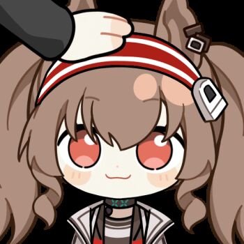 1girl 1other :3 angelina_(arknights) animal_ears animated animated_gif arknights black_choker blinking blush brown_hair chinese_commentary choker chunye_haruya coat commentary_request dot_nose earpiece fox_ears hair_between_eyes hairband headpat infection_monitor_(arknights) jacket long_sleeves looking_at_viewer lowres material_growth open_clothes open_coat open_jacket oripathy_lesion_(arknights) red_eyes red_hairband red_jacket second-party_source solo_focus striped_clothes striped_hairband transparent_background twintails upper_body white_coat