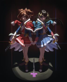 Rule 34 | 2girls, :|, absurdres, aijou karen, badge, belt, belt buckle, black hair, blossom bright (dagger), blue eyes, blue jacket, blue skirt, boots, broken, broken sword, broken weapon, brown eyes, brown hair, buckle, closed mouth, commentary, commentary request, cross, crown, dagger, dark, dark background, english commentary, epaulettes, fighting stance, floating hair, full body, fur-trimmed jacket, fur trim, glint, grey boots, highres, holding, holding dagger, holding hands, holding knife, holding sword, holding weapon, interlocked fingers, jacket, jacket on shoulders, kagura hikari, knife, long hair, long sleeves, looking at viewer, mini crown, miniskirt, mixed-language commentary, multicolored jacket, multiple girls, oekakist, parted bangs, planted, pleated skirt, possibility of puberty (sword), red jacket, red sash, red skirt, sash, serious, short hair, shoujo kageki revue starlight, shoulder sash, side-by-side, single horizontal stripe, skirt, sparkle hair ornament, spike (stagecraft), spotlight, standing, star (symbol), striped clothes, striped skirt, sword, tassel, two-sided fabric, two-sided jacket, two side up, v-shaped eyebrows, waist cape, weapon, white sash, yellow belt, yellow trim