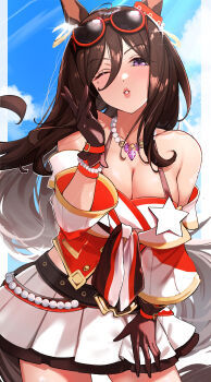 1girl absurdres animal_ears bare_shoulders blue_sky blush breasts brown_gloves brown_hair chikabe cleavage cloud commission ear_ornament eyewear_on_head gem gloves hair_between_eyes hair_ornament highres horse_ears horse_girl horse_tail jewelry large_breasts long_hair long_sleeves looking_at_viewer necklace off-shoulder_shirt off_shoulder one_eye_closed parted_lips pearl_necklace pleated_skirt puckered_lips purple_eyes red-framed_eyewear seeking_the_pearl_(rocket_star)_(umamusume) seeking_the_pearl_(umamusume) shirt skeb_commission skirt sky smile solo star_(symbol) sunglasses tail umamusume white_skirt