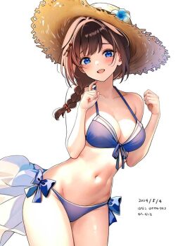 1girl :d ahoge bikini blue_bikini blue_eyes braid breasts brown_hair cleavage commentary_request dated front-tie_bikini_top front-tie_top hair_flaps hair_over_shoulder halterneck hanako_(peanut) hat highres kantai_collection large_breasts long_hair navel official_alternate_costume open_mouth shigure_(kancolle) shigure_kai_san_(kancolle) shigure_kai_san_(swimsuit)_(kancolle) side-tie_bikini_bottom single_braid smile solo straw_hat sun_hat swimsuit white_background