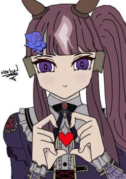 Rule 34 | 1girl, animal ears, bang dream!, blush, commentary, english commentary, heart, heart hands, horse girl, imai lisa, long hair, looking at viewer, lucky lilac (umamusume), non-web source, roselia (bang dream!), smile, solo, umamusume, white background