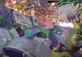 Rule 34 | 1girl, aircraft, black shorts, blush stickers, bracelet, brown eyes, bubble, bubble pipe, building, colored inner hair, commentary request, earrings, eclair groove, eyes visible through hair, flower, foreshortening, highres, holding, jewelry, metro mew, multicolored hair, plant, potted plant, purple flower, purple hair, purple thighhighs, railing, science fiction, shirt, shoes, short shorts, short sleeves, shorts, sitting, sky, solo, star (sky), starry sky, thighhighs, vexxrex, virtual youtuber, white hair, white shirt, white shoes