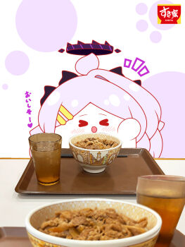 Rule 34 | > <, 1girl, :d, ahoge, arm up, blue archive, blush, bowl, chibi, chopsticks, closed eyes, commentary request, cup, drinking glass, facing viewer, food, grey hair, gyuudon, halo, highres, hina (blue archive), horns, kurukurumagical, long hair, notice lines, open mouth, pov across table, single hair intake, smile, solo, sukiya, translation request, tray, upper body, white background, xd