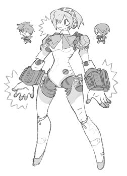 1boy 2girls aigis_(persona) android breasts chibi chibi_inset full_body greyscale hair_between_eyes hair_over_one_eye highres jaysoysaucee joints light_smile mechanical_arms mechanical_ears medium_breasts monochrome multiple_girls one_eye_closed persona persona_3 ponytail robot_joints shiomi_kotone short_hair white_background yuuki_makoto_(persona_3)