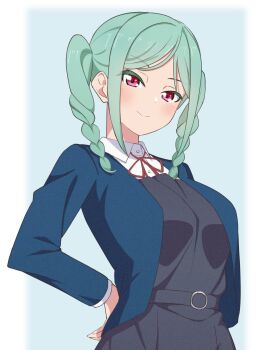 1girl aqua_background aqua_hair blue_jacket blush border braid braided_twintails closed_mouth collared_shirt dress dress_shirt fading_border grey_dress hands_on_own_hips highres jacket long_sleeves looking_at_viewer love_live! love_live!_superstar!! medium_hair neck_ribbon onitsuka_tomari open_clothes open_jacket pinafore_dress pink_eyes red_ribbon ribbon school_uniform shirt sidelocks sleeveless sleeveless_dress smile solo tamagu_eggo twin_braids twintails upper_body white_shirt winter_uniform yuigaoka_school_uniform