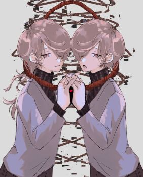 2boys brothers brown_hair closed_mouth commentary_request fang fang_out from_side grey_shirt hair_over_one_eye heart highres holding_hands long_hair long_sleeves looking_at_viewer male_focus multiple_boys noose one_eye_covered open_mouth original parted_bangs red_eyes sahi00000 shirt short_hair siblings symmetrical_pose symmetry twins white_background