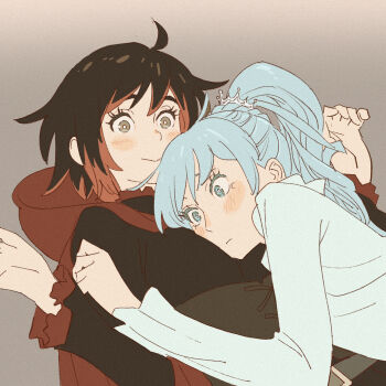 2girls 55bata6rou ahoge black_dress black_hair blue_eyes blue_hair blush breast_pillow closed_mouth dress grey_background grey_eyes hands_up head_on_chest highres long_hair long_sleeves lying multicolored_hair multiple_girls on_back ponytail red_hair ruby_rose rwby short_hair smile two-tone_hair upper_body weiss_schnee white_dress yuri