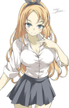 Rule 34 | alternate costume, black hairband, blonde hair, breasts, collared shirt, cowboy shot, dated, dress shirt, gakky, green eyes, grey skirt, hairband, highres, kantai collection, large breasts, long hair, nelson (kancolle), one-hour drawing challenge, pleated skirt, shirt, simple background, skirt, twitter username, white background, white shirt