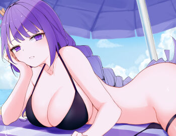 1girl absurdres ass bare_shoulders beach bikini black_bikini black_bra blue_sky bra braid breasts cleavage cloud cloudy_sky collarbone commentary genshin_impact gradient_hair hair_ornament head_tilt highres huge_ass huge_breasts long_braid looking_at_viewer looking_to_the_side lying multicolored_hair no_mole no_panties nude on_stomach outdoors parted_lips purple_eyes purple_hair raiden_shogun seasonsun single_braid sky solo swimsuit towel umbrella underwear upper_body