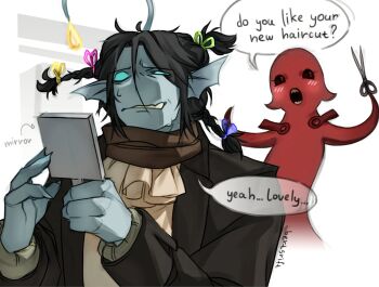 1boy 1girl anglerfish_boy ascot black_hair blue_eyes blue_skin blush br_not_here braid brown_coat claws coat colored_skin commentary english_commentary english_text fang fins fish_boy head_fins holding holding_mirror holding_scissors imaginary_friend_(pressure) messy_hair mirror monster_boy one_side_up pressure_(roblox) roblox scissors sebastian_solace short_hair skin_fang sweat uneven_eyes upper_body white_background