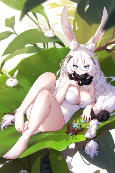 1girl animal_ear_fluff animal_ears bag bare_legs belt black_belt black_ribbon blue_eyes braid breasts cleavage closed_mouth commentary_request elbow_gloves fur_collar gloves hair_ornament hair_ribbon hand_on_own_chest knife leaf leaf_hair_ornament leotard long_hair mitsu_(mitsu_art) original patreon_username potion rabbit rabbit_ears rabbit_girl ribbon smile solo thighhighs toeless_legwear toes white_gloves white_hair white_leotard