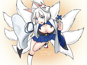 animal_ears azur_lane commentary_request fox_ears fox_girl fox_mask fox_tail hashijiro_kou highres kaga_(azur_lane) kitsune mask multiple_tails tail white_hair white_tail