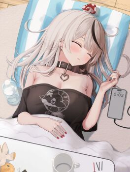 1girl ^_^ absurdres arale_(ara1e) bare_shoulders blush bottle breasts choker closed_eyes cup ear_piercing earrings grey_hair hair_ornament hairclip heart heart_choker highres hololive jewelry kotatsu large_breasts lying mug multicolored_hair mushroom mushroom_on_head nail_polish off_shoulder on_back open_mouth orange_hair piercing pillow sakamata_chloe sleeping solo streaked_hair table unworn_headwear upper_body usb virtual_youtuber water_bottle