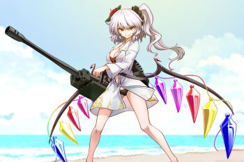 1girl absurdres alternate_costume alternate_hair_color beach bikini bikini_under_clothes black_bikini breasts cleavage closed_mouth cloud collared_shirt commentary commission crystal crystal_wings day flandre_scarlet flandre_scarlet_(vampire_pursuing_the_hunter's_vacation) flandre_scarlet_(vampire_pursuing_the_hunter) fleur-de-lis flower gun hair_flower hair_ornament hair_scrunchie hibiscus highres holding holding_gun holding_weapon kikoka_(mizuumi) large_breasts long_hair long_sleeves looking_at_viewer multicolored_wings o-ring o-ring_bikini ocean one_side_up partially_unbuttoned pixiv_commission purple_hair red_eyes red_flower sand scrunchie shirt smile solo swimsuit touhou touhou_lostword weapon white_shirt wings