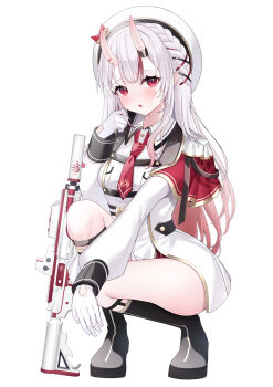 Rule 34 | 1girl, absurdres, assault rifle, beret, black boots, boots, braid, center-flap bangs, coat, collared dress, commentary request, double-parted bangs, dress, full body, gloves, gradient hair, grey hair, gun, h&amp;k hk416, hair between horns, hand up, hat, highres, hololive, horns, long hair, long sleeves, looking at viewer, loose necktie, multicolored hair, nakiri ayame, nakiri ayame (9th costume), necktie, neko neneko, official alternate costume, oni, open mouth, planted gun, puffy long sleeves, puffy sleeves, red eyes, red hair, red necktie, rifle, short dress, short necktie, side braids, simple background, skin-covered horns, solo, squatting, streaked hair, suppressor, virtual youtuber, weapon, white background, white coat, white dress, white gloves, white hat