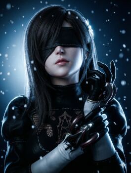 1girl 2b_(nier:automata) brown_hair commentary covered_eyes cuote4mikewhere dress english_commentary final_fantasy final_fantasy_vii final_fantasy_vii:_ever_crisis gloves gradient_background hair_ornament highres lace_trim lips long_hair looking_at_viewer nier:automata nier_(series) simple_background solo tifa_lockhart upper_body