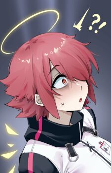 Rule 34 | !?, 1girl, ^^^, arknights, chinese commentary, commentary request, constricted pupils, detached wings, exusiai (arknights), hair over one eye, halo, highres, ikamochi kalong, jacket, one eye covered, open mouth, pink hair, portrait, red eyes, scared, short hair, solo, sweatdrop, traditional halo, white jacket, wings, yellow halo