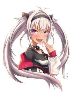 1girl absurdres animal_ears black_collar black_headband black_shirt blush cat_ears collar fake_animal_ears fang grey_hair headband highres long_hair looking_at_viewer matsukai_mao matsukai_mao_(1st_costume) nijisanji purple_eyes rike9726 shirt skin_fang solo spiked_collar spikes teeth twintails upper_teeth_only very_long_hair virtual_youtuber white_background