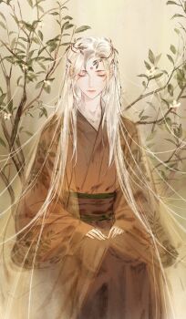 1boy belt brown_dress chinese_clothes dress closed_eyes facial_mark flower forehead_mark grey_hair hanfu highres kkcoocool long_hair long_sleeves male_focus original red_lips sitting solo very_long_hair white_flower white_hair
