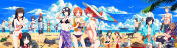 Rule 34 | > <, 6+boys, 6+girls, :d, ^ ^, absurdres, adjusting eyewear, animal print, backpack, bag, banana, bare shoulders, beach, beach umbrella, belt, bikini, bird, black bikini, black hair, black male swimwear, black swim trunks, blank eyes, blindfold, blonde hair, blue bikini, blue eyes, blue male swimwear, blue swim trunks, boom microphone, bracelet, breasts, brown eyes, brown hair, bucket, building sand sculpture, camcorder, canon memphis, caritas666, chocolat (fafner), cleavage, closed eyes, cloud, cooler, crab, cup, day, dog, douma hiroto, drink, drinking glass, eating, emery almond, everyone, eyewear on head, fish print, floral print, flower, flower necklace, food, food print, frilled bikini, frills, fruit, gloves, grey eyes, grey male swimwear, grey swim trunks, grill, groin, hair flower, hair ornament, hand on own hip, hawaiian shirt, helmet, hermit crab, hibiscus hair ornament, highres, hino miwa, hood, hoodie, horizon, horseshoe crab, jewelry, kaburagi sui, kaname sakura, kasugai koyo, ketchup bottle, kondou kenji, kurusu misao, life vest, long hair, makabe kazuki, male swimwear, medium breasts, microphone, mikado reo, mikagami mimika, minashiro orihime, minashiro soushi, multiple boys, multiple girls, navel, necklace, nishio akira, nishio rina, ocean, one-piece swimsuit, open mouth, orange hair, orange male swimwear, orange swim trunks, outdoors, pepper shaker, pink bikini, popsicle, print male swimwear, print swim trunks, print swimsuit, ramune, red hair, sailor collar, sand castle, sand sculpture, sarong, scar, scar across eye, scar on face, school swimsuit, sea turtle, seashell, shell, shinai, ship, shirt, shish kebab, short hair, short sleeves, shoulder bag, shoulder pads, shovel, sidelocks, skewer, sky, smile, soukyuu no fafner, sparkle, starfish, striped bikini, striped clothes, suikawari, sunglasses, surfboard, swim trunks, swimsuit, sword, tablet pc, tatekami seri, toomi maya, triangle mouth, turtle, umbrella, video camera, watercraft, watermelon, weapon, whale print, white bikini, white male swimwear, white swim trunks, worktool, yellow eyes