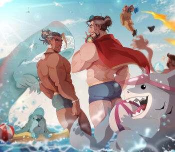 5boys alternate_costume aqua_hair ass ball beachball ben_grimm black_male_swimwear blonde_hair blue_male_swimwear blue_sky blurry brown_hair cape carrying carrying_person commentary dark-skinned_male dark_skin depth_of_field doctor_strange doctor_strange_(series) dog english_commentary facial_hair fantastic_four flying food gills hair_bun highres ice_cream jeff_(marvel) jewelry johnny_storm lou_host male_focus male_swimwear marvel marvel_rivals mature_male multicolored_hair multiple_boys muscular muscular_male namor necklace pointy_ears profile red_cape reed_richards sky swimsuit unworn_male_swimwear unworn_swimsuit water white_streaks