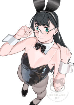 1girl absurdres alternate_costume animal_ear_hairband animal_ears black_bow black_bowtie black_hair black_leotard bow bowtie detached_collar fake_animal_ears from_above glasses green_eyes grey_pantyhose hairband highres kantai_collection leotard long_hair ojipon ooyodo_(kancolle) pantyhose playboy_bunny rabbit_ears see-through_strap simple_background solo watermark white_background wrist_cuffs