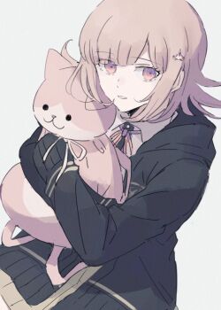 1girl animal_bag brown_hair brown_skirt cat_bag collared_shirt danganronpa_(series) danganronpa_2:_goodbye_despair flipped_hair hair_ornament hood jacket long_sleeves looking_at_viewer medium_hair nanami_chiaki neck_ribbon open_clothes open_jacket pink_bag pink_eyes pink_ribbon pleated_skirt ribbon shirt sho_(molo_bht) skirt solo two-tone_shirt white_shirt