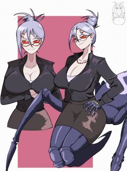1girl absurdres arachne arthropod_girl breasts bug cleavage dress formal_clothes glasses highres huge_breasts insect_girl large_breasts monster monster_girl monster_musume_no_iru_nichijou non-web_source office_lady purple_hair rachnera_arachnera red_eyes spider spider_girl suit taur