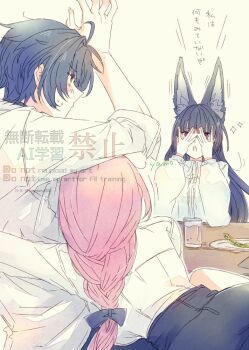 1boy 2girls animal_ear_fluff animal_ears arm_up arms_on_table artist_name asaba_harumasa ass bilingual_text black_bow black_hair black_skirt blush bow breasts commentary_request covering_own_eyes cup drink drinking_glass drunk english_text fox_ears fox_girl from_side hair_bow high-waist_skirt hoshimi_miyabi hug large_breasts long_hair looking_at_another mixed-language_text motion_lines multiple_girls open_mouth pencil_skirt pink_hair plate red_eyes shirt short_hair skirt sleeves_rolled_up sparkle sweatdrop table translation_request tsukishiro_yanagi twitter_username white_background white_shirt yamo_(sky2world) yellow_eyes zenless_zone_zero