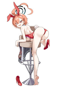 1girl absurdres ahoge animal_ears ass bare_back black_halo blue_archive braid commentary_request fake_animal_ears fake_tail full_body halo highres leotard looking_at_viewer neru_(blue_archive) neru_(bunny)_(blue_archive) official_alternate_costume open_mouth playboy_bunny rabbit_ears rabbit_tail red_eyes red_hair red_leotard single_braid soles solo stale_beer_(kinonuketa_biiru) tail