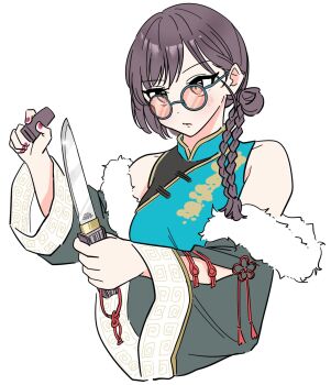 Rule 34 | 1girl, armpit crease, bare shoulders, black hair, blue-framed eyewear, blue dress, braid, china dress, chinese clothes, commentary request, detached sleeves, dress, fur-trimmed sleeves, fur trim, hair bun, highres, holding, holding knife, holding sheath, katsuragi izumi, katsuragi izumi (shiren koto no ryuu), knife, knife sheath, link! like! love live!, llkapital, long sleeves, love live!, meandros, official alternate costume, orange-tinted eyewear, parted lips, round eyewear, sheath, side braid, simple background, single side bun, sleeveless, sleeveless dress, solo, tinted eyewear, upper body, virtual youtuber, white background