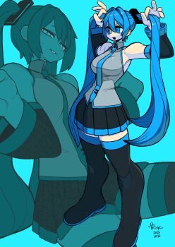 1girl absurdres aqua_eyes aqua_hair aqua_necktie aqua_theme black_sleeves bone_nigi boots commentary_request detached_sleeves full_body grey_shirt hair_lift hands_up hatsune_miku highres holding holding_own_hair long_hair looking_at_viewer multiple_views necktie open_mouth pleated_skirt shirt skirt sleeveless sleeveless_shirt solo standing sweat thigh_boots twintails very_long_hair vocaloid