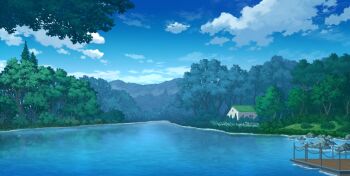 blue_sky bush chain-link_fence commentary_request day fence forest highres house lake mountainous_horizon nature no_humans original rock scenery sky tree water yu02257951