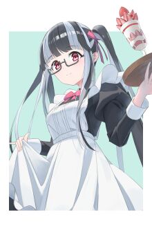 Rule 34 | 1girl, \n/, absurdres, alternate costume, apron, aqua background, bang dream!, bang dream! girls band party!, black-framed eyewear, black dress, black hair, blunt bangs, border, bow, bowtie, breasts, clip studio paint (medium), closed mouth, cowboy shot, cup, dress, drinking glass, dutch angle, enmaided, food, frilled apron, frills, fruit, hair ribbon, highres, holding, holding tray, juliet sleeves, light blush, long hair, long sidelocks, long sleeves, looking at viewer, maid, maid apron, medium breasts, multicolored hair, nuage, nyubara reona, parfait, parfait glass, puffy sleeves, red bow, red bowtie, red eyes, red ribbon, ribbon, semi-rimless eyewear, sidelocks, simple background, skirt hold, sleeve cuffs, solo, split mouth, strawberry, strawberry parfait, strawberry slice, streaked hair, tray, twintails, two-tone hair, under-rim eyewear, very long hair, white apron, white border, white hair, wooden tray