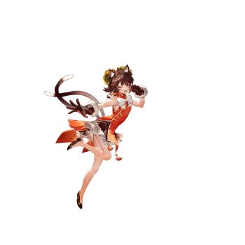1girl alternate_costume animal_ear_fluff animal_ears black_gloves black_shoes black_skirt bow bowtie brown_hair bun_cover cat_ears cat_tail chen china_dress chinese_clothes double_bun dress fang frilled_skirt frills full_body fur-trimmed_gloves fur_trim game_cg gloves hair_bun heart highres mandarin_collar multiple_tails nekomata non-web_source official_art one_eye_closed open_mouth red_dress red_eyes ribbon-trimmed_skirt ribbon_trim second-party_source shoes skirt smile solo tail touhou touhou_gensou_eclipse transparent_background two_tails u_u_zan white_bow white_bowtie