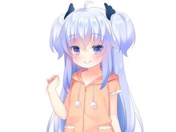 1girl ahoge blue_eyes blue_hair blush collarbone drawstring game_cg grin hair_between_eyes hand_up harem_futago_lolita hood hood_down hoodie large_variant_set long_hair looking_at_viewer non-web_source orange_hoodie orange_pajamas pajamas pom_pom_(clothes) short_sleeves sidelocks simple_background smile solo sunao_(harem_futago_lolita) tachi-e transparent_background two_side_up usashiro_mani variant_set